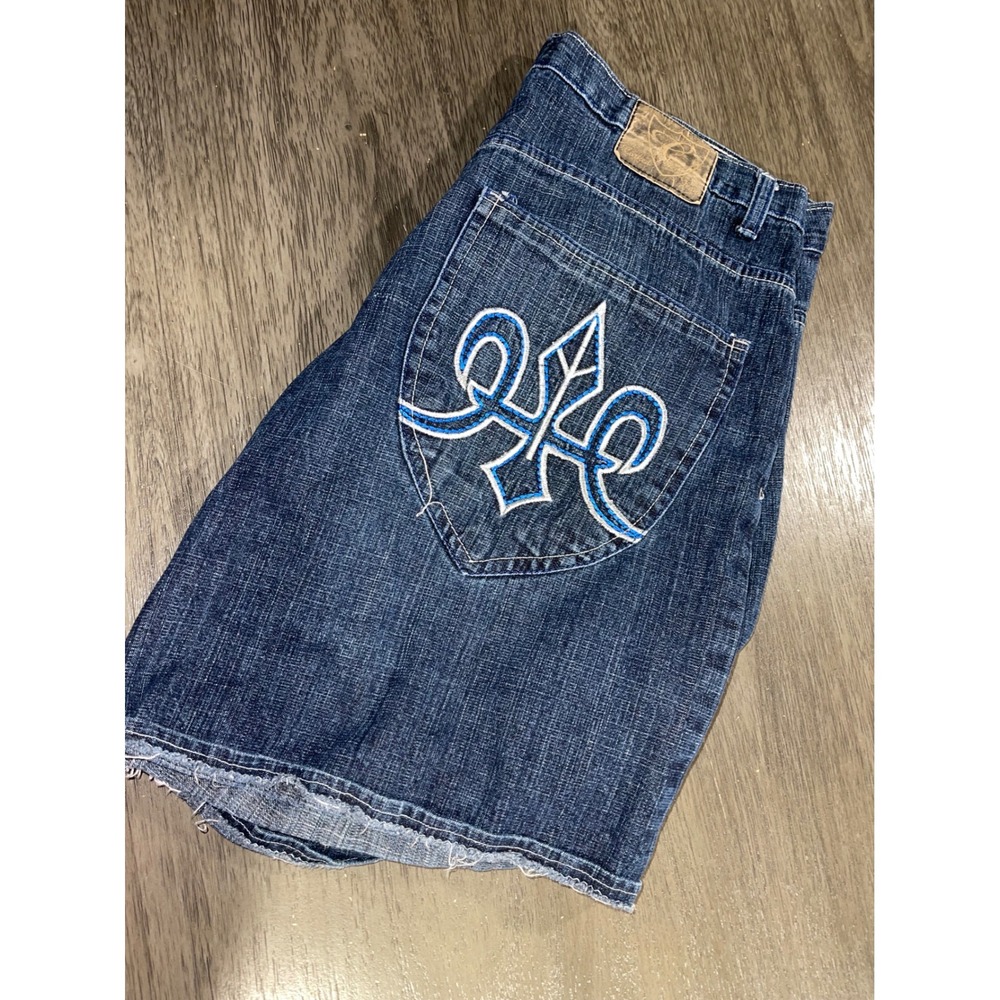 Corked Jeans Mens 40 Blue Denim Shorts Embroidered Raw Hem Cut Off Streetwear